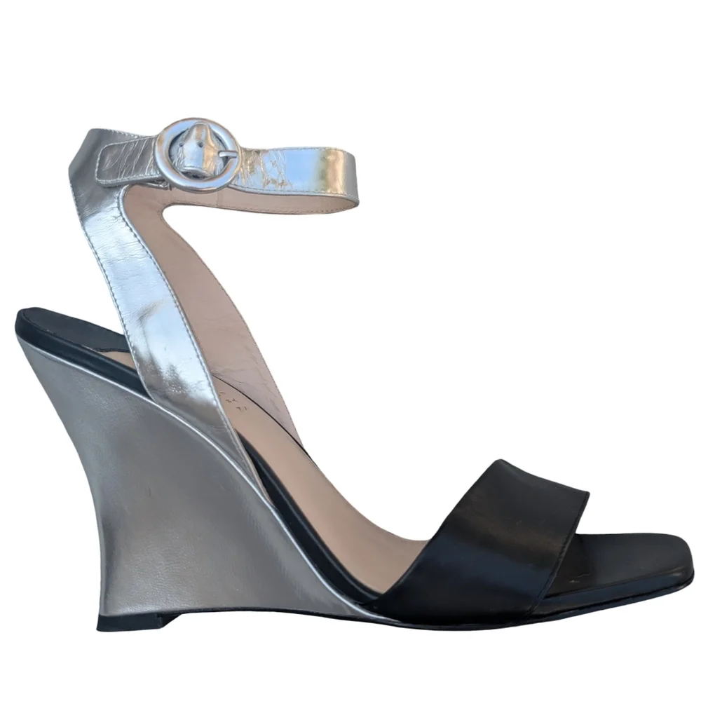 Barneys New York Silver Wedge Sandals Size 9 Ankle Strap Heels Designer Formal